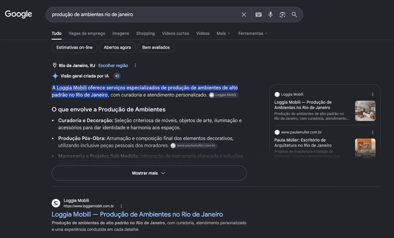 Busca "produção de ambientes rio de janeiro" no Google, com a visão geral criada por IA