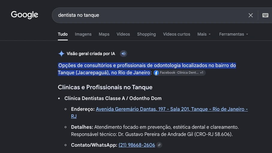 Busca "dentista no tanque" no Google, com a visão geral criada por IA